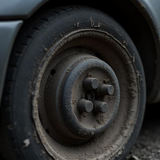 Cerchione di un'auto sporco di polvere di freni